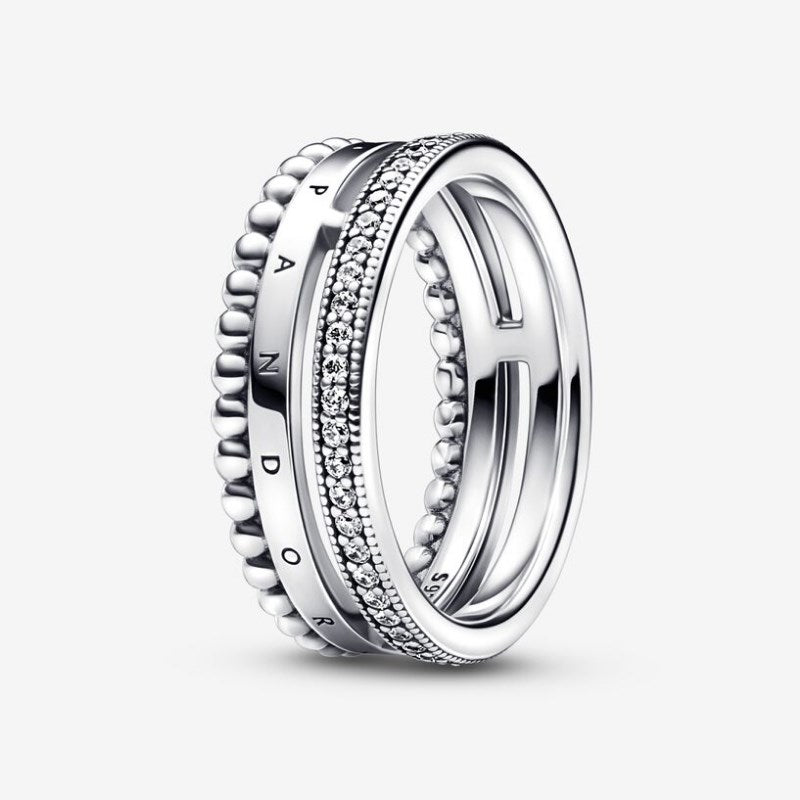 Anello Tripla Fascia con Logo, Pavé e Sfere