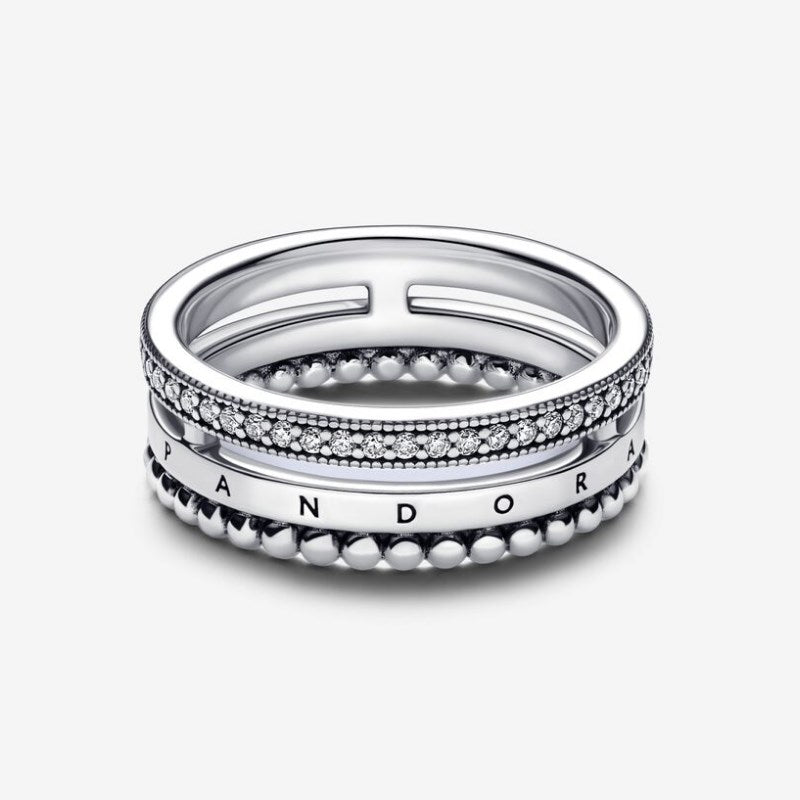 Anello Tripla Fascia con Logo, Pavé e Sfere