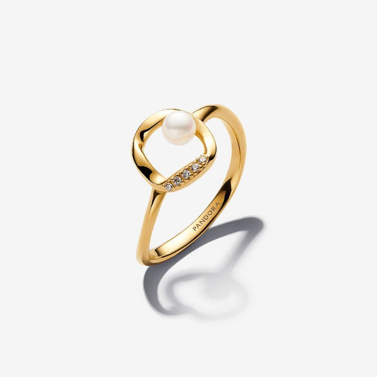 Anello Cerchio Linea Sinuosa con Perla d'Acqua Dolce Coltivata e Pavè