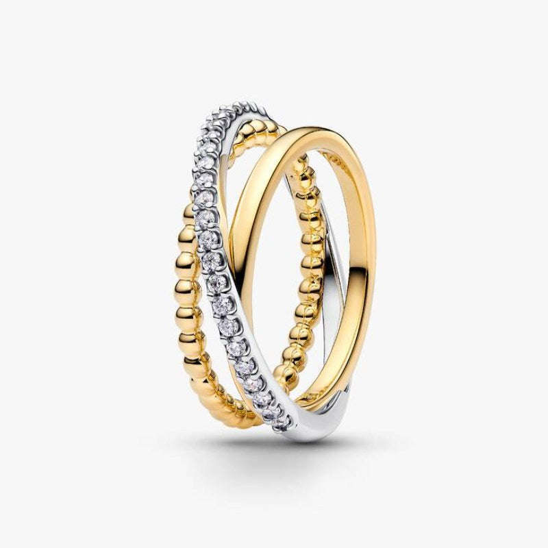 Anello Tripla Fascia Intrecciata Sfere e Pavé