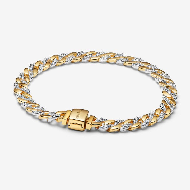 Bracciale Catena Maglia Cubana Bicolore con Pavè