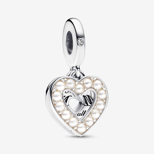 Double Heart Pendant Charm with Freshwater Cultured Pearls