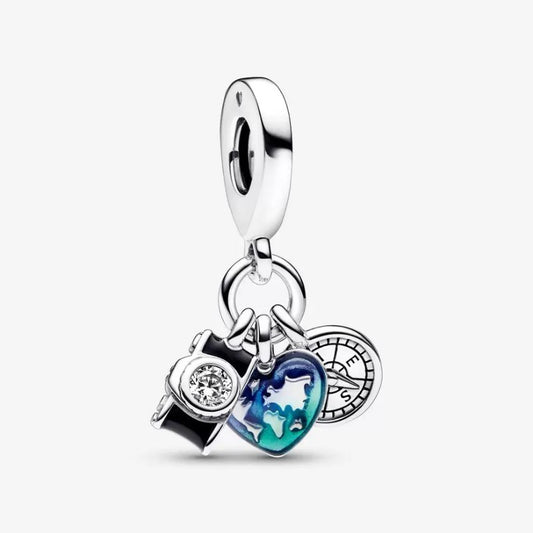 Camera, Heart and Compass Pendant Charm