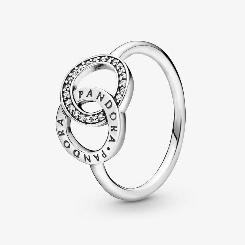 Sparkling ring with intertwined circles and logo