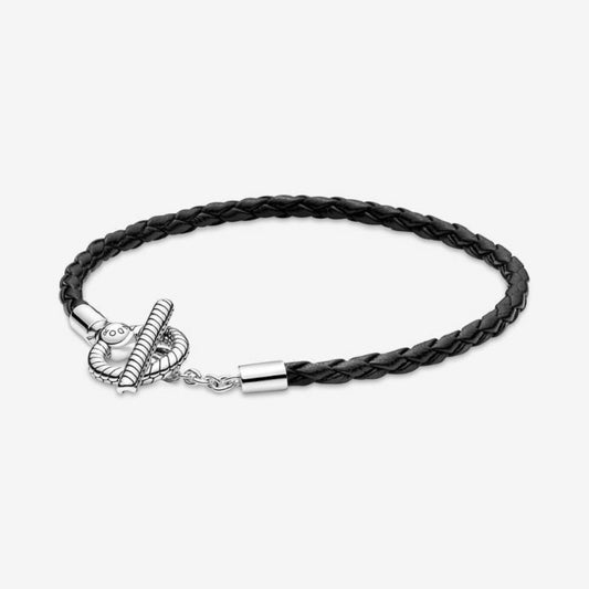 Black Leather Bracelet with T Clasp